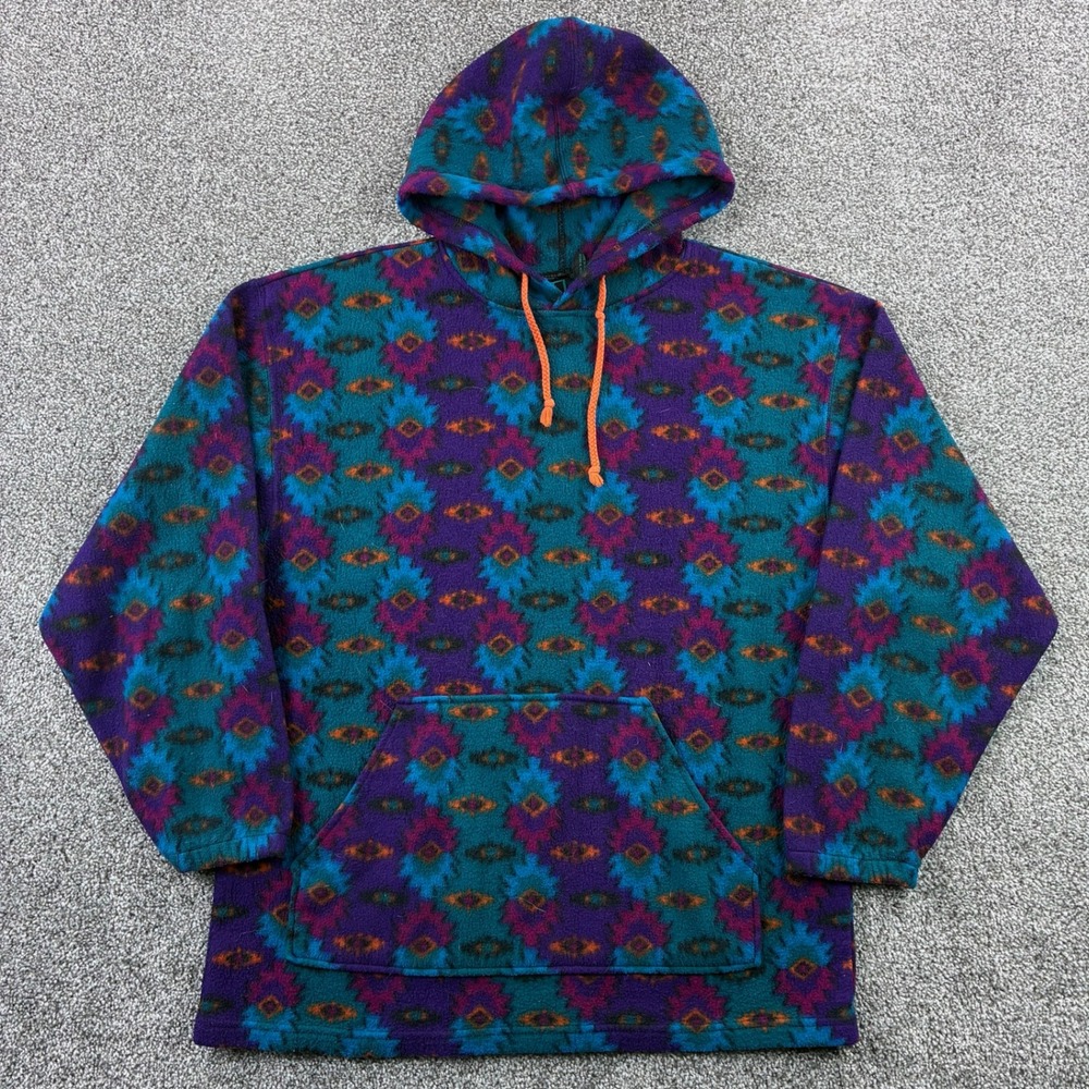 Vintage Santana Aztec Fleece Hoodie Mens Medium Purple Teal Southwestern